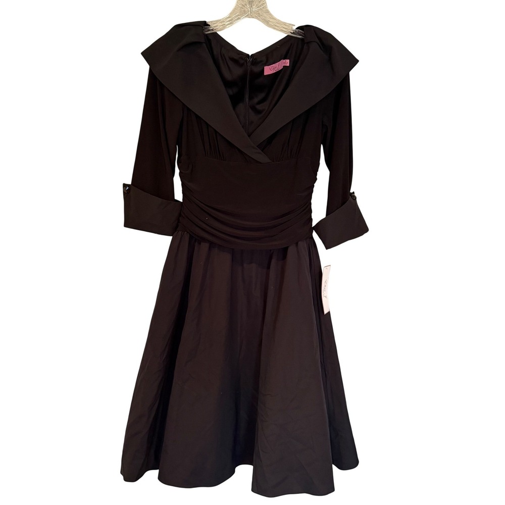 Eliza J Midi Dress Ruched Fit & Flare Women's 8 Black Retro Rockabilly Feminine - Picture 3 of 14